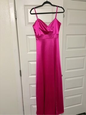 Hot Pink Satin Slip Maxi Dress with Spaghetti Straps